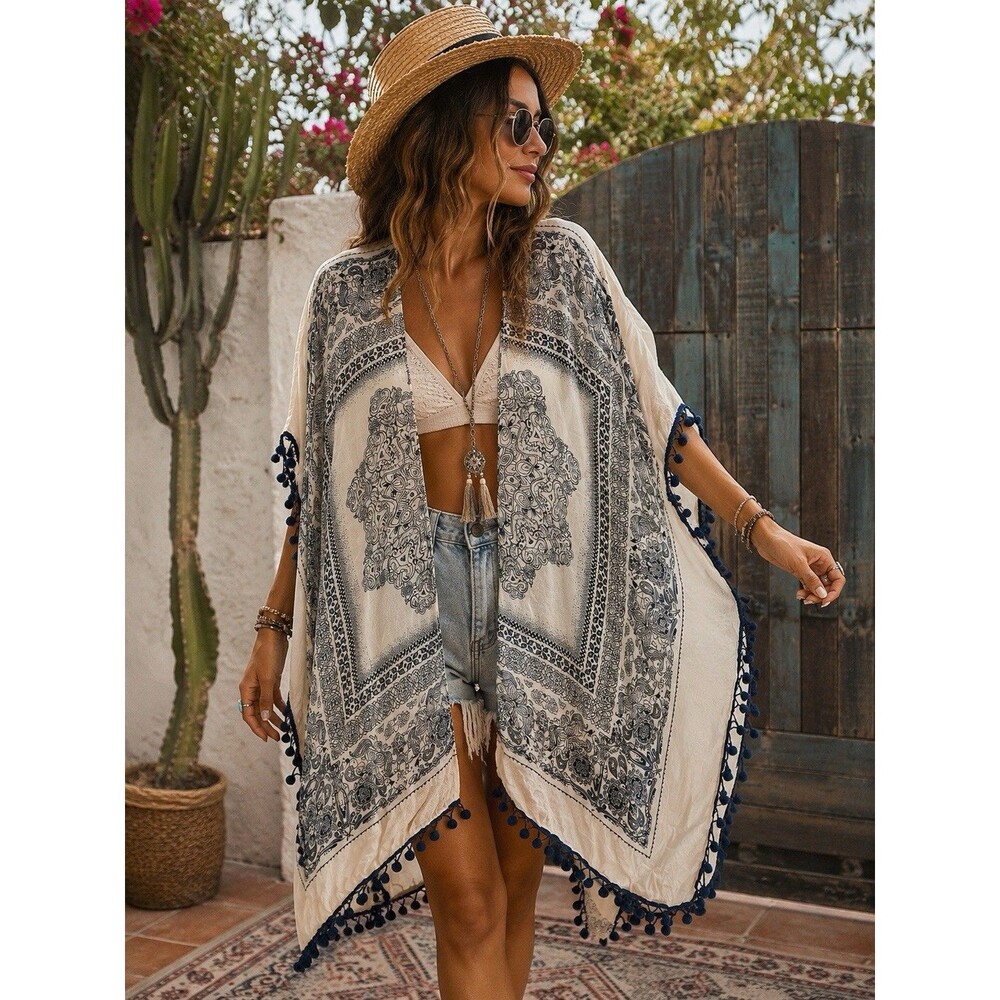 Woven Heart Boho Kimono Tassel Open Front Cover Up Cream Blue One Sz Beach Wrap